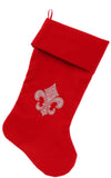 Silver Fleur De Lis Rhinestone 18 inch Velvet Christmas Stocking Red