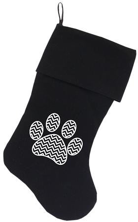 Chevron Paw Screen Print 18 inch Velvet Christmas Stocking Black