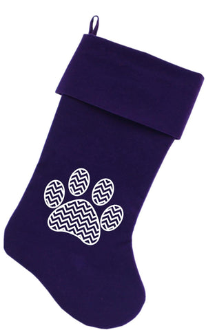 Chevron Paw Screen Print 18 inch Velvet Christmas Stocking Purple