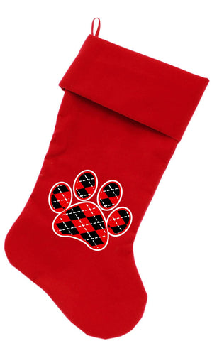 Argyle Paw Red Screen Print 18 inch Velvet Christmas Stocking Red