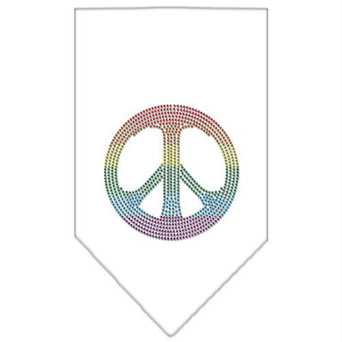 Rainbow Peace Sign Rhinestone Bandana White Large